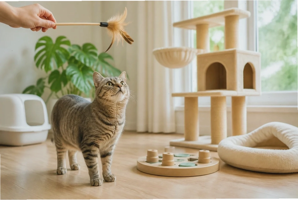 Đồ chơi cần câu lông vũ, đồ chơi giải đố, cây cho mèo và giường ngủ đặt trong phòng khách