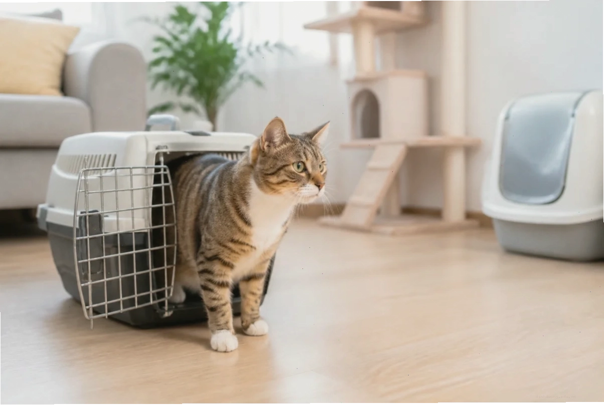 Một con mèo đứng bên cạnh lồng vận chuyển mở trong phòng khách